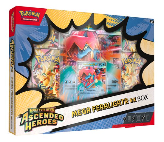 Pokémon Kaarten - Mega Evolution - Ascended Heroes - Mega Feraligatr EX Box - Booster Bundle - 4x Booster Packs Ascended Heroes - 40 Kaarten Totaal + 1 Foil Promo Kaart + 1 Supergrote Promokaart van Mega Feraligatr EX - TCG - Cards - Speelgoed - Pack