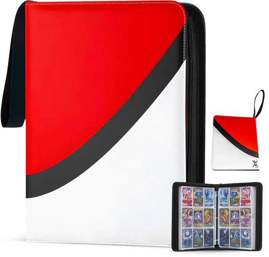 Verzamelmap 900 kaarten – 9 pocket – binder map met ritssluiting – 50 pagina’s – Rood/Wit – Geschikt voor Pokemon kaarten