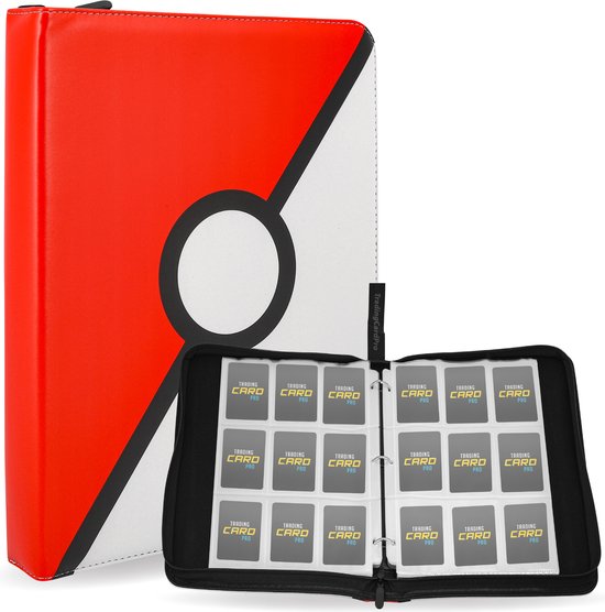 TradingCardPro® - Luxe verzamelmap voor 900 Pokémon Kaarten - Binder Map voor Kaarten - 9 Pocket - Kunstleer - Premium Card Binder met Ritssluiting - 50 Pagina's - A4 Formaat - Rood/Wit
