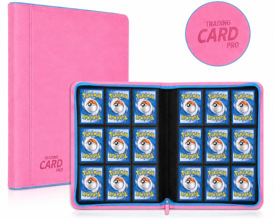 TradingCardPro® Deluxe Verzamelmap – Met Ritssluiting – Geschikt voor Pokémon kaarten – 360 Kaarten – 20 pagina's - 9 Pocket - Binder – Roze met blauwe details